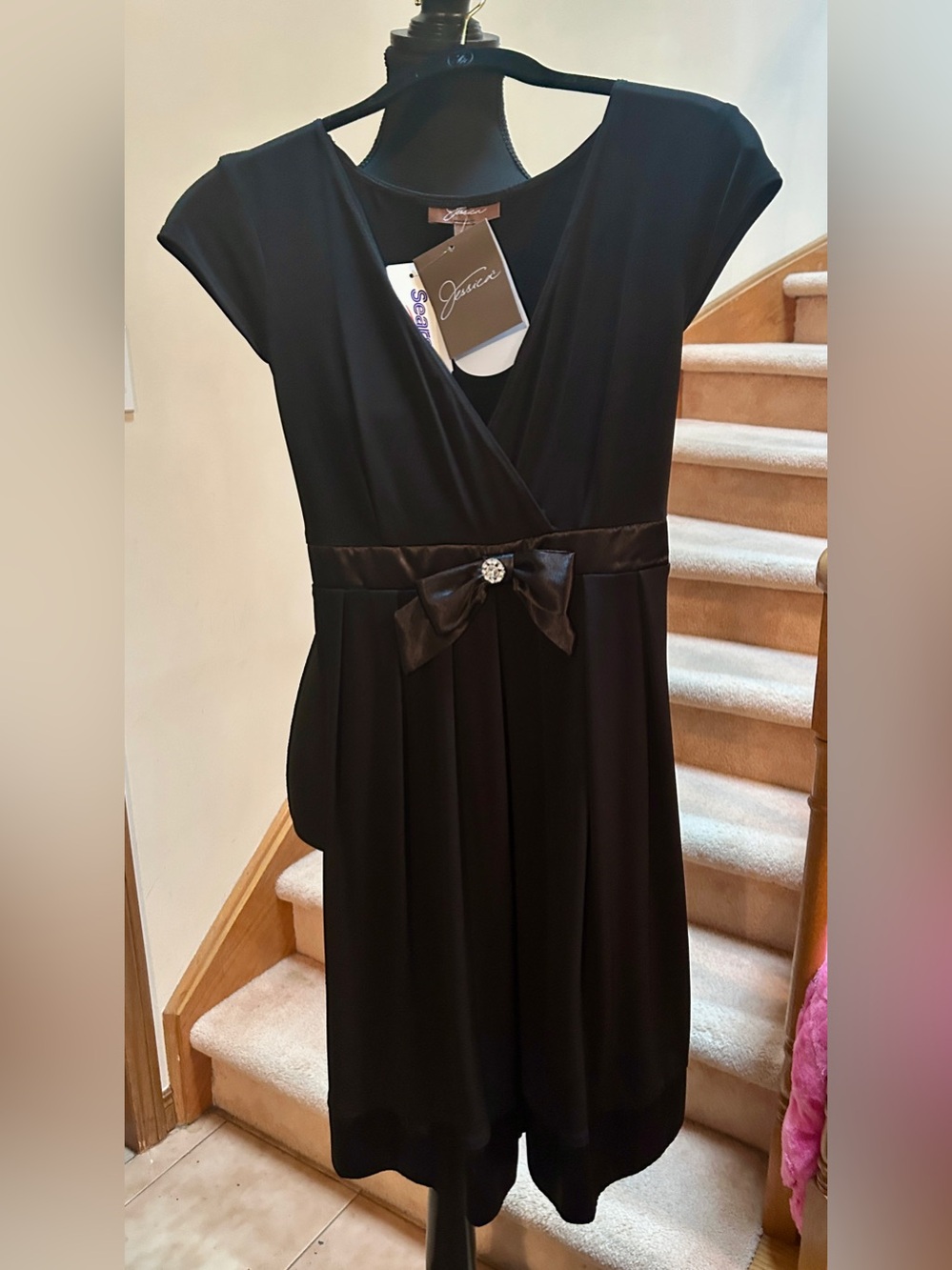 Jessica Black Cap-Sleeve Formal Dress with Rhinestone & Satin Bow, 1990s Vintage